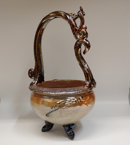 Click to view detail for #220414 Raku Glitter Glaze Footed Basket $110